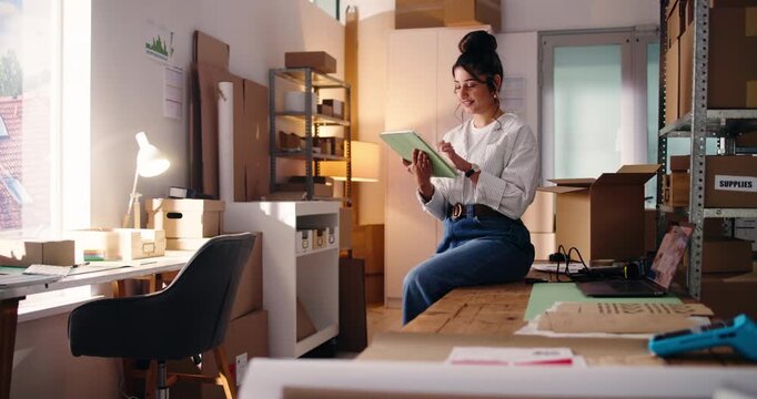 Office, startup and woman on tablet for shipping, supply chain and online inventory for delivery. Small business, ecommerce and person on digital tech for distribution, logistics and stock checklist