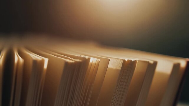 Detailed Macro Shot of Open Book Pages Illuminated by Warm Light
