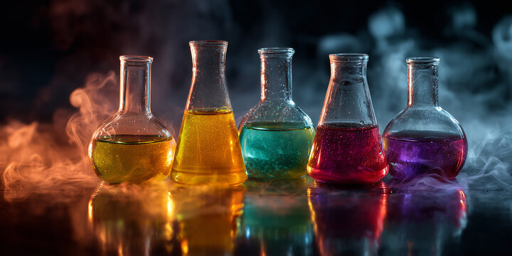 creative composition of chemical liquids mixing in glass flasks with colorful smoke in artistic laboratory