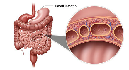 Medical Illustration of Human Digestive System Small Intestine Anatomy Health Concepts