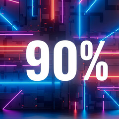 A vibrant neon discount banner displays '90%' with colorful light streaks