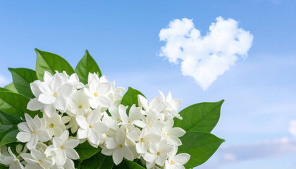 White jasmine flower, green leaf, blue sky, and heart shaped cloud create romantic and peaceful spring or summer scene, evoking feelings of love and tranquility