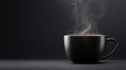 A black mug filled with a hot beverage and steam rising against a dark background