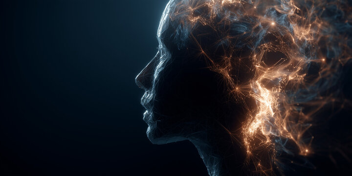 conceptual image of human head silhouette filled with glowing neural network connections symbolizing scientific creativity