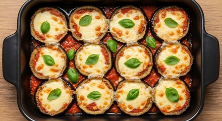 Baked eggplant slices with tomato sauce