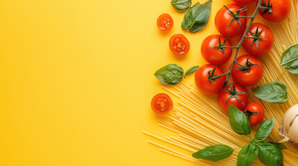 Fresh tomato, basil leaf, and uncooked spaghetti pasta arranged on vibrant yellow background, creating cheerful and appetizing Italian food concept