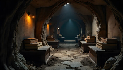 Mystical Underground Library with Stone Archways, Glowing Books, and Cathedral-Like Atmosphere