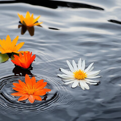Orange water lily, white water lily, and yellow water lily float on calm water, creating peaceful and vibrant scene with gentle ripples and natural reflections