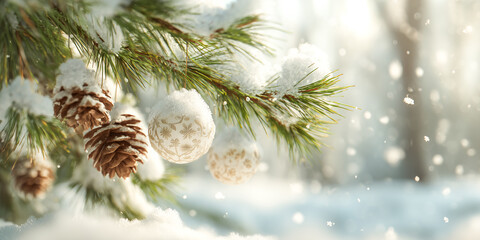bright close up of pine branch covered with snow and small decorative ornaments in soft winter light