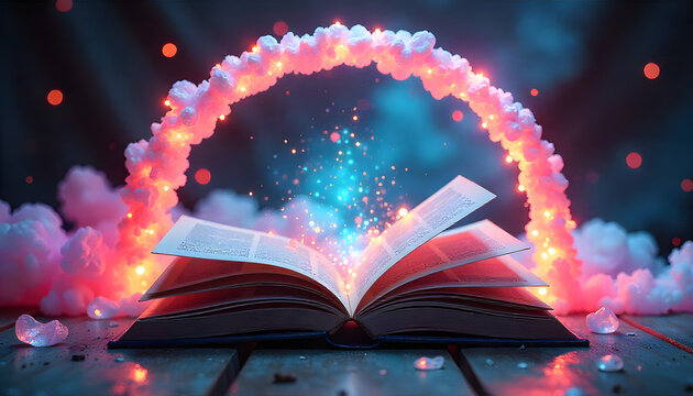 Magical Glowing Book with Neon Cloud Portal and Mystical Particle Effects