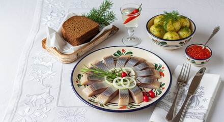 Traditional herring appetizer served with potatoes and rye bread  