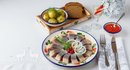 Herring fillet with bread, potatoes and red caviar on the table.