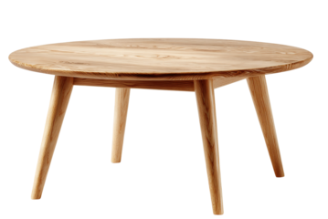 Stylish Wooden Table: A minimalist wooden table with a round tabletop and tapered legs, designed for both aesthetic appeal and practical functionality.