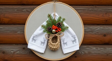 Holiday decoration with white towels and natural greenery on wood  