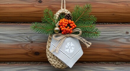 Decorative winter arrangement with berries and pine on wood background  