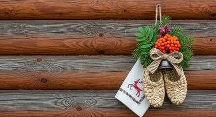 Rustic decor with woven shoes and greenery on wooden wall  