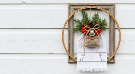 Festive Christmas decoration with pine leaves and red berries in frame  