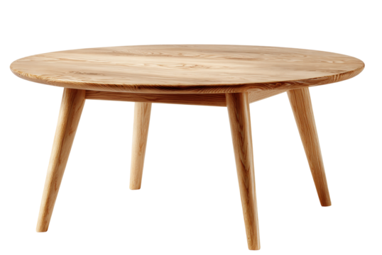 Stylish Wooden Table: A minimalist wooden table with a round tabletop and tapered legs, designed for both aesthetic appeal and practical functionality.
