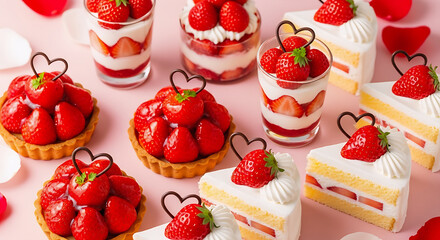Assorted Valentine Strawberry Desserts with Tarts, Parfaits, and Shortcake on Pink Background