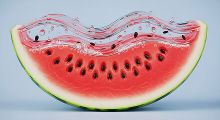 Surreal Watermelon Slice with Flowing Water Waves Inside on Blue Background