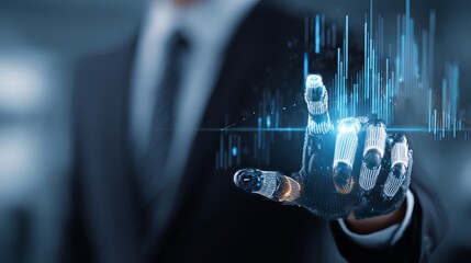 Futuristic robot hand analyzing dynamic financial data, representing artificial intelligence in business analytics and innovative technology