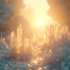 Crystal formations glowing in sunlight with soft background blur  