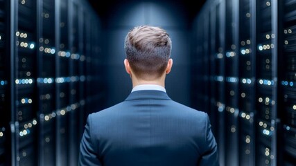 A businessman walks through a modern data center, rows of glowing servers line the aisle, showcasing technology and networking infrastructure. - Powered by Adobe