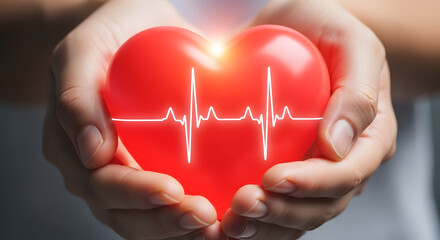 Hands Holding a Glowing Red Heart with EKG Line Healthcare Concept