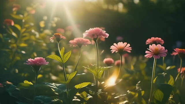 Pink Zinnia Flowers Blooming in Garden During Golden Hour Sunlight Flare