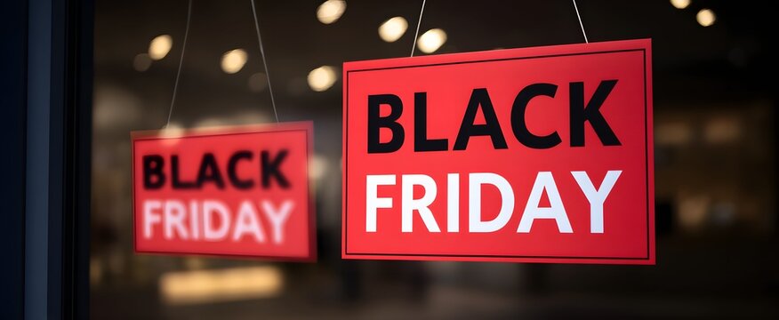 Black Friday sale signs ignite excitement with bold discount offers on store windows.