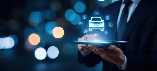 The Car Hologram Above a Digital Tablet Held by a Businessman