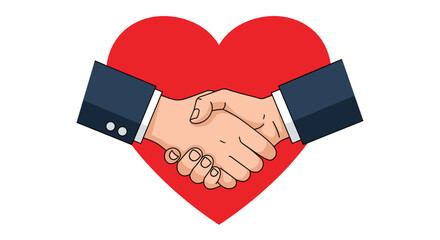 A handshake in front of a red heart symbolizing partnership goodwill and cooperation.