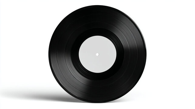 A black vinyl record with a white label on a white background is displayed upright