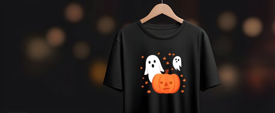 Halloween-themed t-shirt featuring pumpkin and ghost illustrations in a festive design