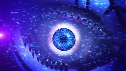 3D Glowing digital polygonal eye dark background. Digital revolution digital human eye. Cyber security technology. Low polygons, , wireframes future digital vision technology, security biometrics. - Powered by Adobe