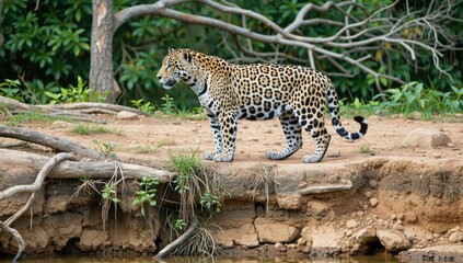 A jaguar stands on a riverbank in the amazon rainforest, looking alert and ready to hunt for prey
