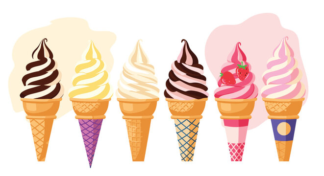 A delightful collection of various flavored soft serve ice cream cones in vibrant colors.