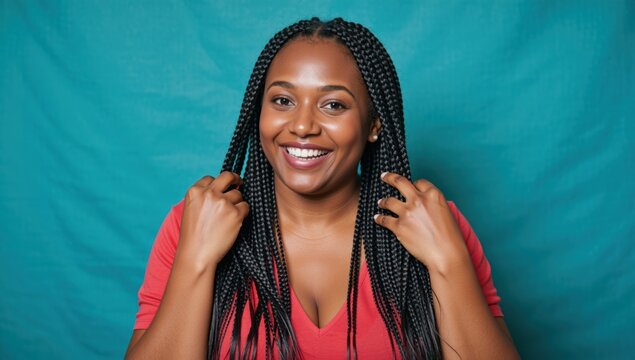 Portrait of a beautiful young african american woman smiling with braids on a blue background