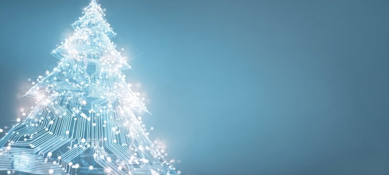 The digital Christmas tree composed of glowing circuit traces and sparkling lights - Powered by Adobe