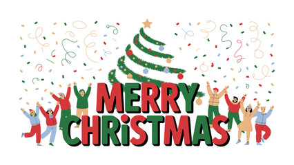 Joyful Christmas Cheer: Festive scene where people gather beneath a Christmas tree. The words Merry Christmas boldly displayed with the tree and confetti, evoking a sense of festive cheer and unity.