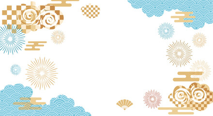 Celebratory Japanese inspired background with abstract floral and cloud elements in gold blue and red.