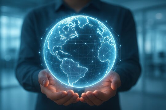 Business professional holding a digital globe, symbolizing global connectivity and technology. Concept of innovation, digital transformation, and a sustainable future.
