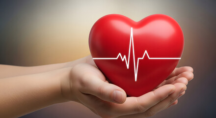 Hands Holding a Red Heart with EKG Line Healthcare Wellness and Cardiology Concept