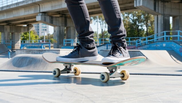 Close up of skateboarder riding skateboard in skatepark on sunny day performing tricks and having fun