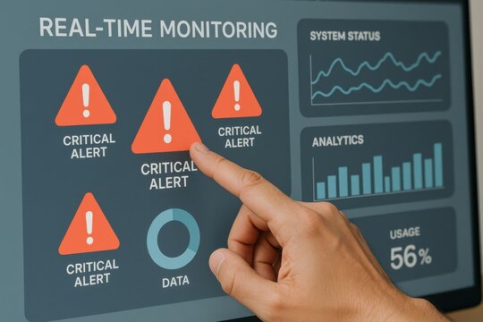 User interacting with real-time monitoring dashboard displaying critical alerts and analytics. Concept of data management, urgency, and IT system performance tracking.