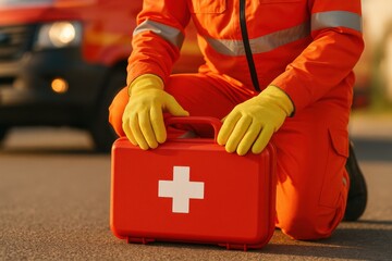 Emergency responder kneeling with a first aid kit, symbolizing prompt medical assistance and readiness in critical situations. Concept of emergency services and health care.