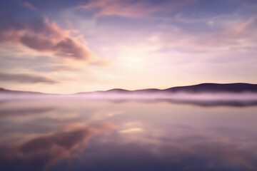 Fototapeta premium Serene misty lake at sunrise with soft pastel clouds reflecting in the still water and distant rolling hills creating a peaceful and tranquil natural landscape