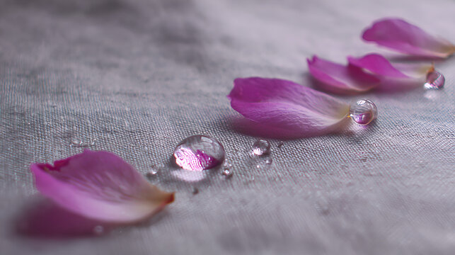 Commercial photo of a scene with purple petals and water droplets
