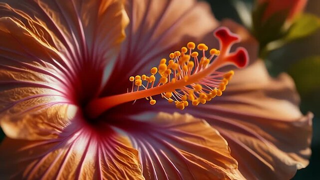 Stunning macro view of orange hibiscus stigma and stamen glowing in sunlight
