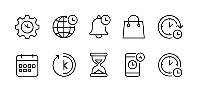 Time management productivity outline icons set for schedule and planning